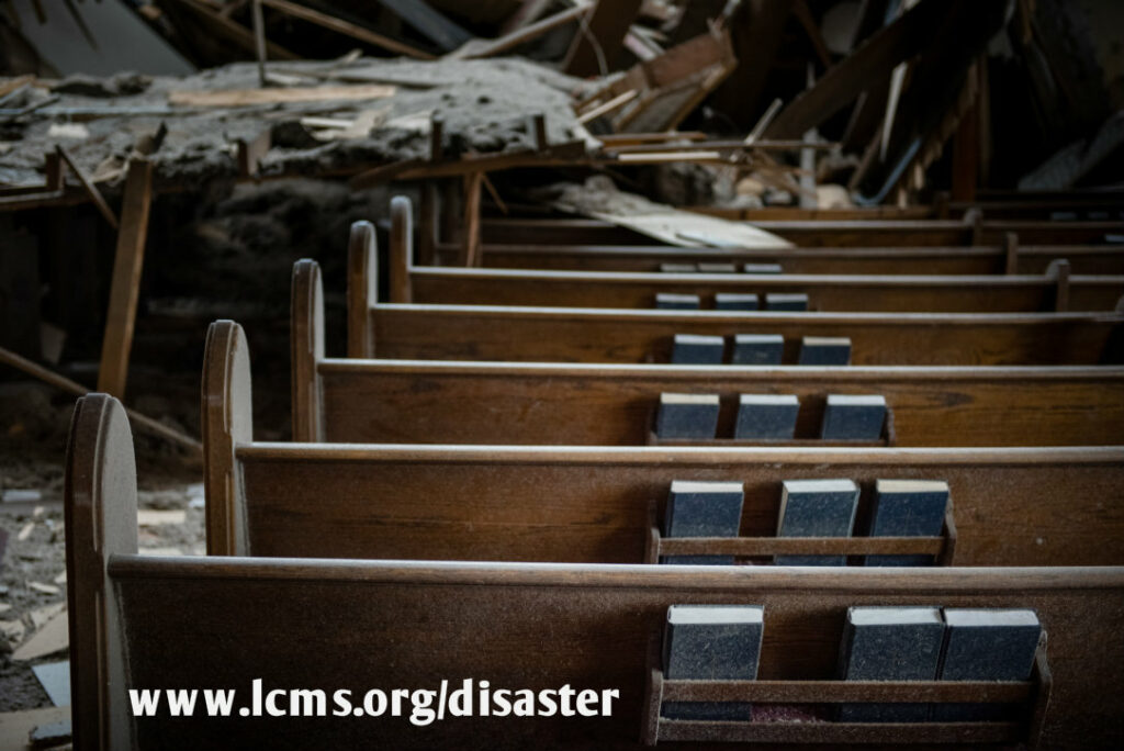 Hymnals lay in the pews amongst the rubble of Zion Lutheran Church on Monday, May 11, 2015, in Delmont, S.D. A tornado swept through the area the previous day and destroyed the church and nearby buildings. LCMS Communications/Erik M. Lunsford