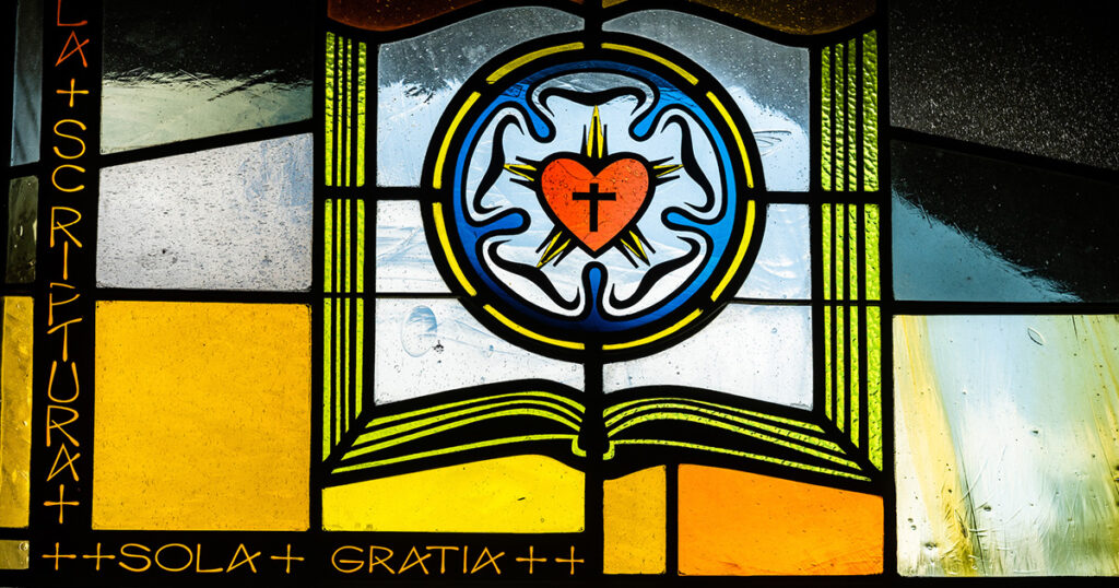Stained glass depicting the congregation’s solid stance on the Lutheran confessions