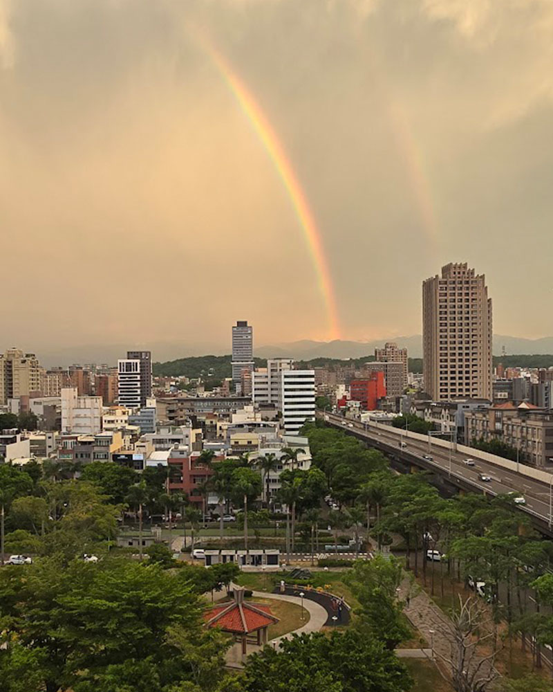 A double rainbow is seen over Hsinchu City, Taiwan, after an afternoon storm in July 2024. (Myles Williams)